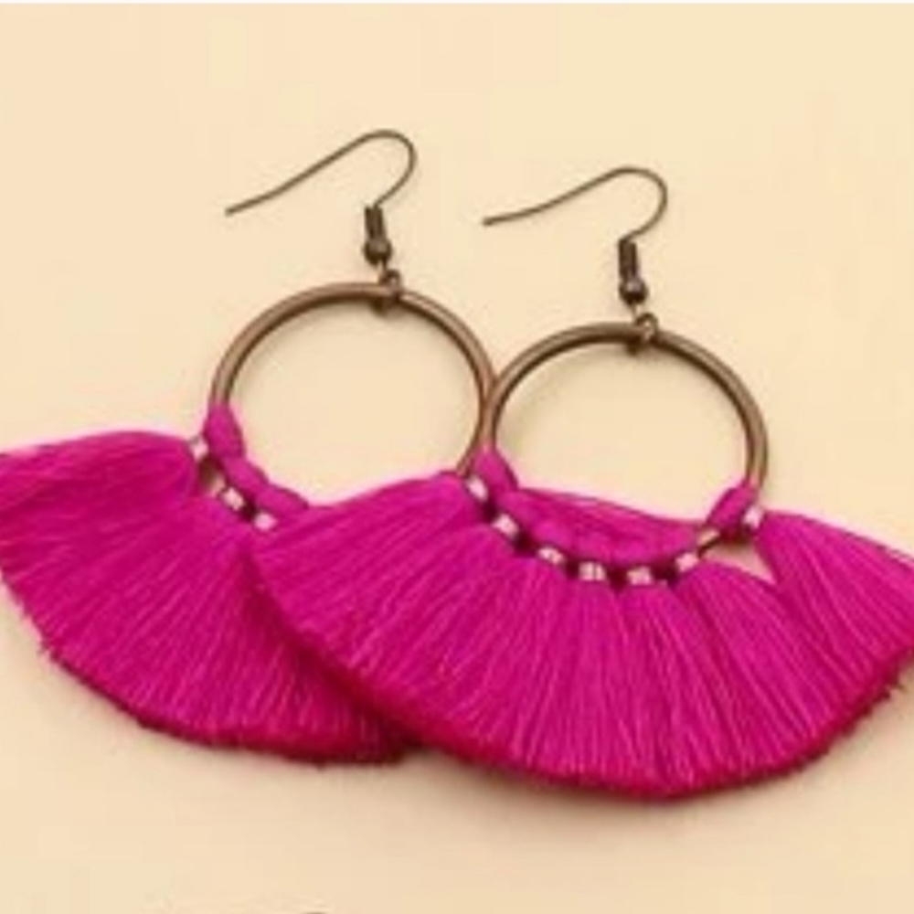 NEW BOHO Pink Fringe Hoop Earrings